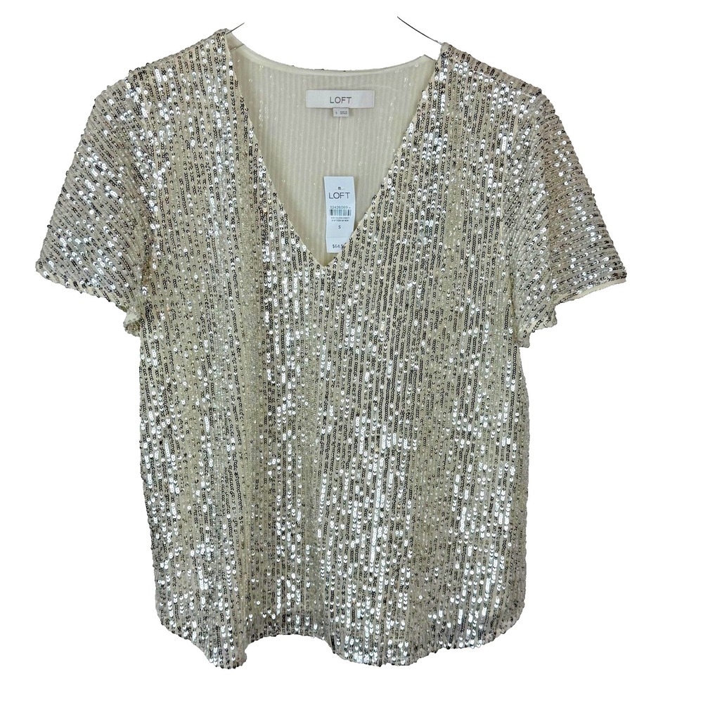 LOFT Sequin Blouse Women S Silver V-Neck Short Sleeve Shimmer Top NYE Gatsby NWT